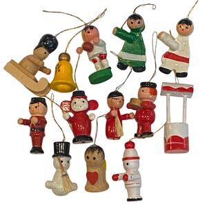 13 Vintage Handmade Wooden Miniature Christmas Ornaments